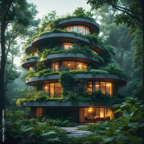 Beautiful architecture. A spiral-shaped house covered with plants.