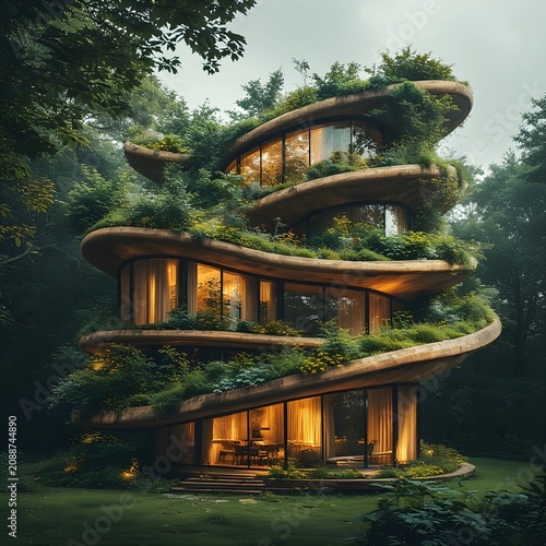 Beautiful architecture. A spiral-shaped house covered with plants.
