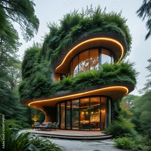 Beautiful architecture. A spiral-shaped house covered with plants.