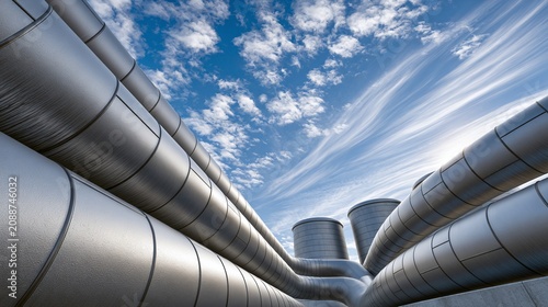 Industrial Infrastructure: Modern Stainless Steel Pipes and Tanks Against a Dynamic Blue Sky with Wispy White Clouds, Representing Energy, Progress, and Technology in a Clean Design