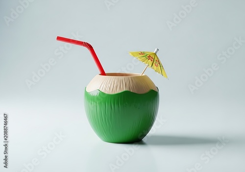 Fresh green coconut with straw and colorful umbrella on top