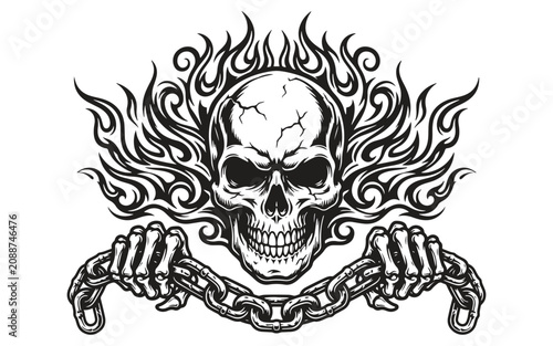 Tableau sur toile A vector illustration of a flaming skull holding a chain in its bony hands