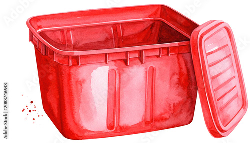 Red Plastic Storage Container with Open Lid Watercolor Illustration