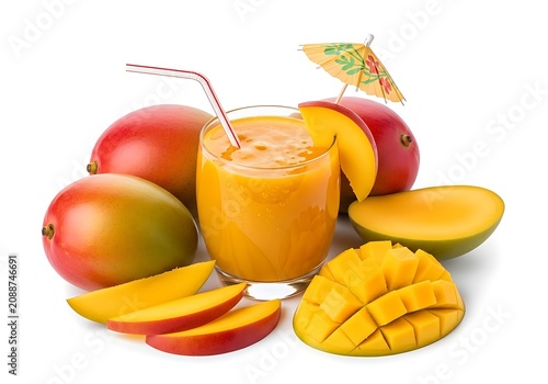 Fresh mango and citrus juice with sliced fruits