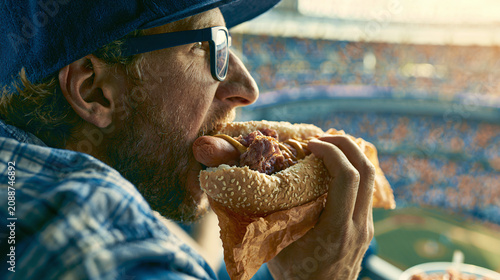Man eating hot dog in baseball stadium. Fan watching sport match at ballpark during professional game. Entertainment, hobby, leisure, recreation and food experience concept