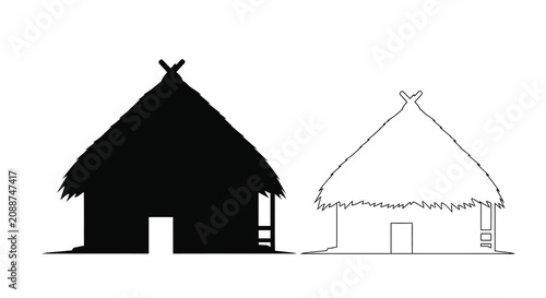 Foto Thatched roof hut silhouette and line drawing on white background silhouette