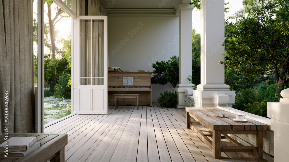 Obraz premium Bright summer morning porch with upright piano, wooden table, cup, open door, lush green garden, peaceful and inviting atmosphere