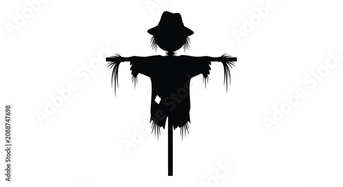 Tableau sur toile Scarecrow With Hat And Patchwork Clothing Black Silhouette