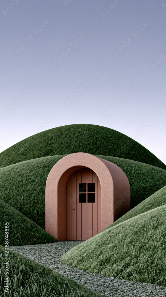 Naklejka premium Hobbit house door green hill grass curved path blue sky peaceful fantasy nature architecture landscape