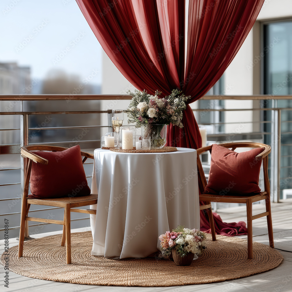 Fototapeta premium Elegant ocean view balcony with red sheer curtain, round table, floral arrangement, candles, and wooden chairs create romantic atmosphere