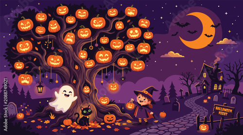 Foto Halloween night scene featuring a spooky tree decorated with glowing jack-o-lant
