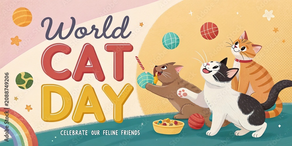 Fototapeta premium World Cat Day Cute Cartoon Cats Holding Balloons Festive Celebration Banner