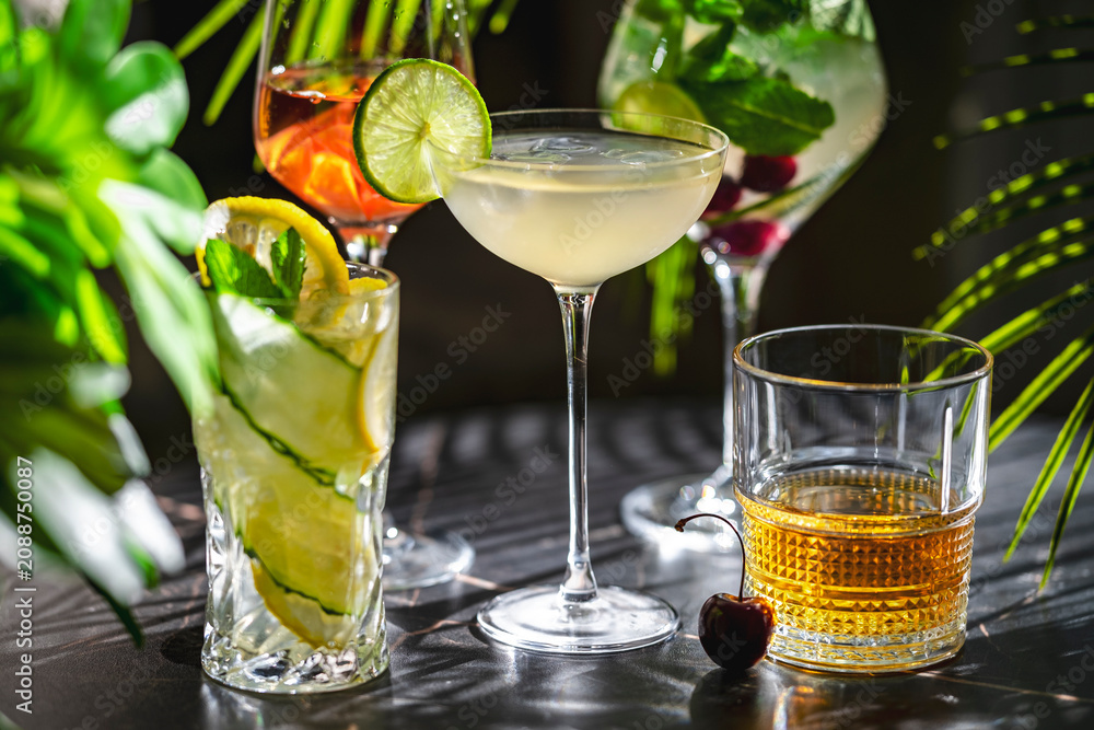 Fototapeta premium Diverse alcoholic cocktail drinks in elegant glassware on dark background. Premium night club service and summer drink menu concept.