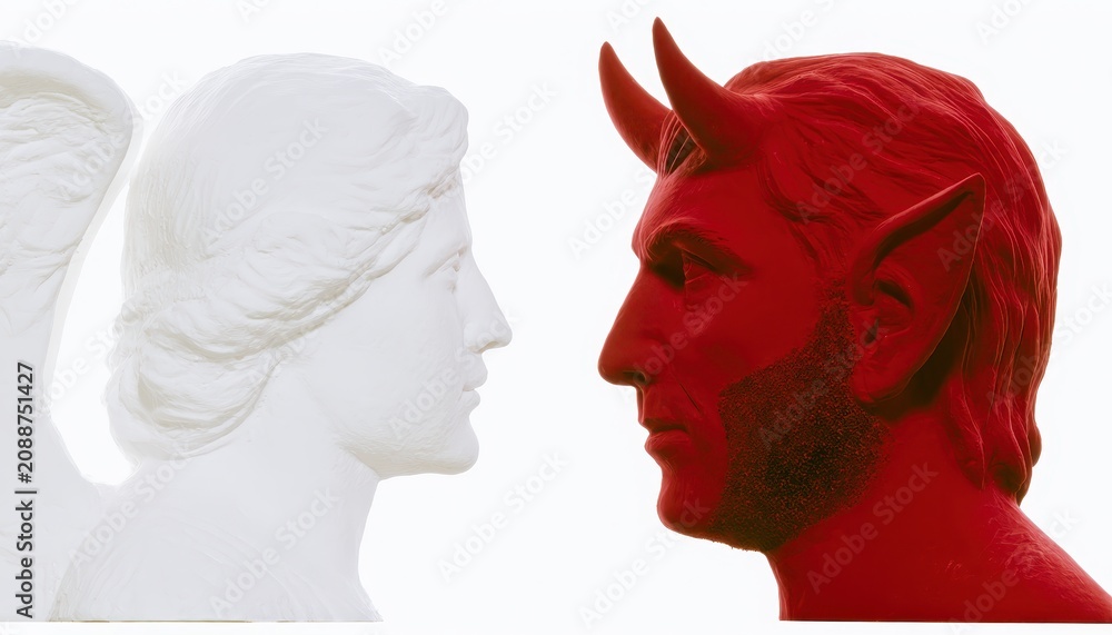 Obraz premium A symbolic representation of good versus evil with angel and devil heads