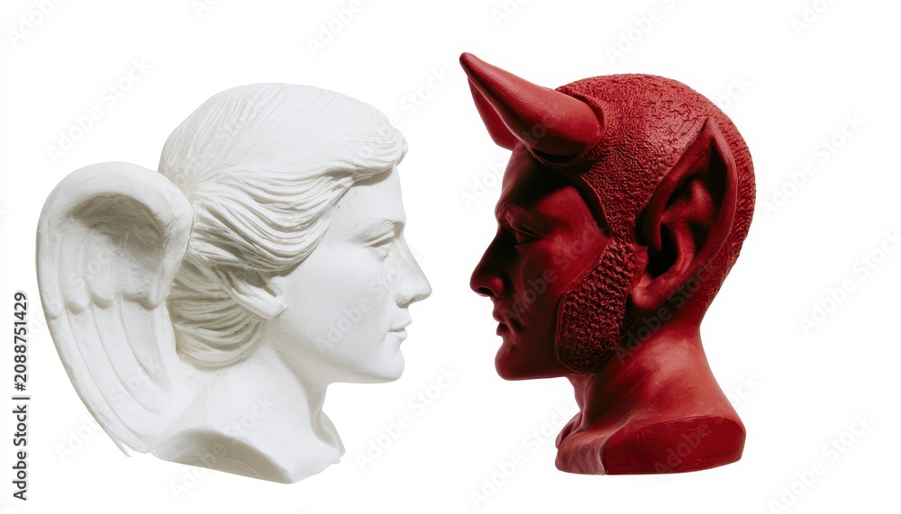 Obraz premium A sculpture of an angel and a devil facing each other