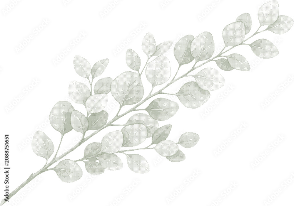 Obraz premium Eucalyptus Branch with Green Leaves Botanical halftone, dither Illustration Isolated background