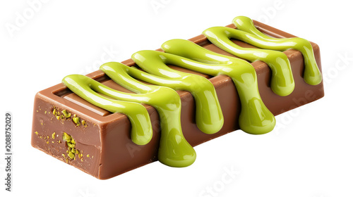Chocolate pistachio dessert bar with green drizzle for packaging design.


