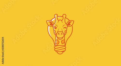 Foto Giraffe head outline inside lightbulb on yellow background.