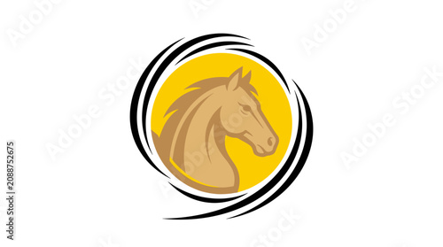 Obraz na plátne Golden horse profile mascot inside circular swirl frame.
