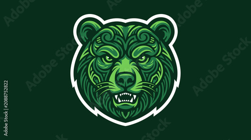 Fotografie Green grizzly bear head with ornate leaf patterns.