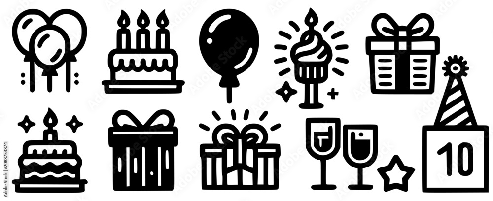 Fototapeta premium Birthday Party Celebration Icons Set with Balloons, Cakes, Gift Boxes, Cupcake, Candle, Wine Glass, Party Hat, Calendar, Festive Black Glyph Vector Collection