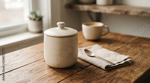 Wooden table with ceramic cup.