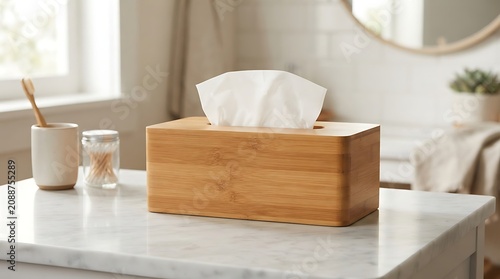 Wooden tissue box on table.
