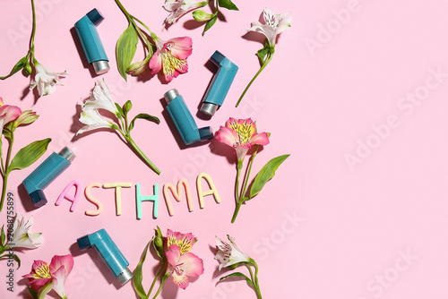 Word ASTHMA with inhalers a...