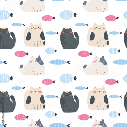 Seamless pattern with cute cats in flat style.