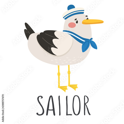 Sailor Seagull, illustration of a cute seagull with lettering, flat style print.