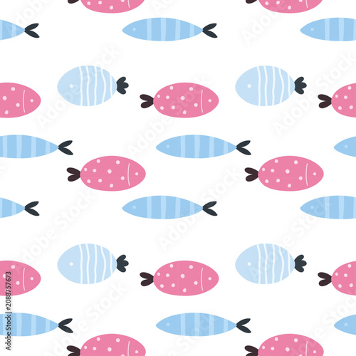 Seamless pattern with cute fish in flat style. Print