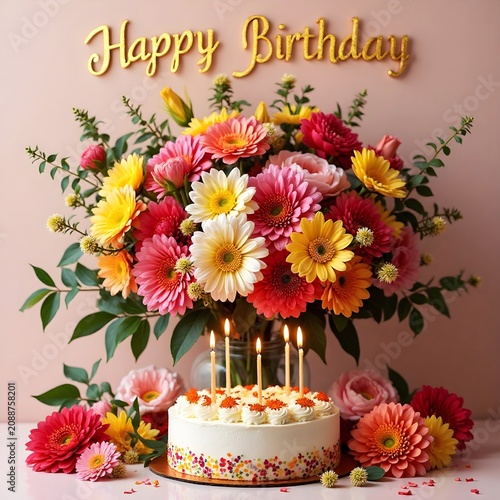 Flowers bouquet and a prominent Happy Birthday Message in bold golden shiny letters, placed at the top side of the arrangement.