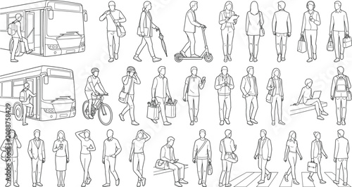 Fotografie Urban people vector line art characters commuting walking and using public trans