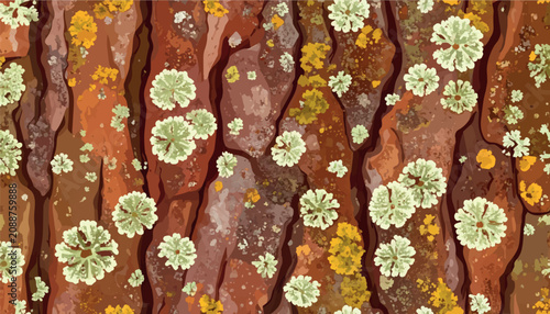 Foto Seamless vector pattern of tree bark texture featuring lichen and moss growth in natural shades of brown, beige, and yellow