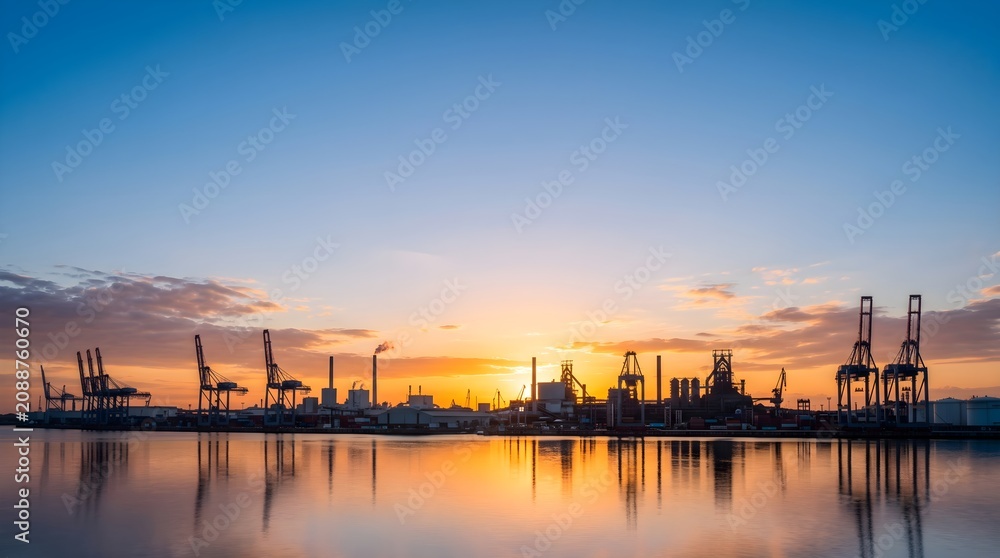 Naklejka premium Labor day industrial harbor scene at sunset workers' rights and american industry