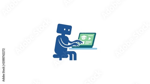 Educational Robot Character Uses a Laptop for Online Learning Animation Symbolizing Future Artificial Intelligence Education and Skill Development