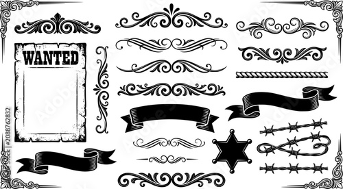 Old Western Design Elements Icon Set Embellishment Borders Divider Lines Scroll Ornate Flourish Wanted Poster Frame Banner Ribbon Rope Border Sheriff Star Barbed Wire Vector