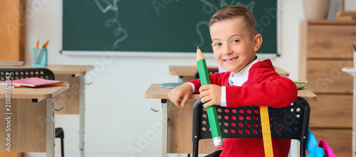 Smiling schoolboy holding o...