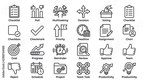 Business productivity icon collection featuring checklist poll multitasking decision voting checkbox priority deadline assignment chart goal and project review.