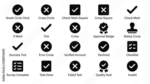 Check mark and cross icon set featuring diverse validation and error symbols in solid black style