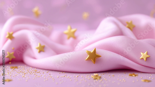 Detailed view of soft pink satin fabric draped in gentle waves, with small golden stars scattered across and gold glitter on the foreground