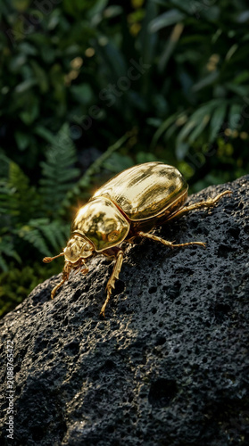 Macro photograph of a shiny metallic gold beetle resting on a dark porous rock in a forest.