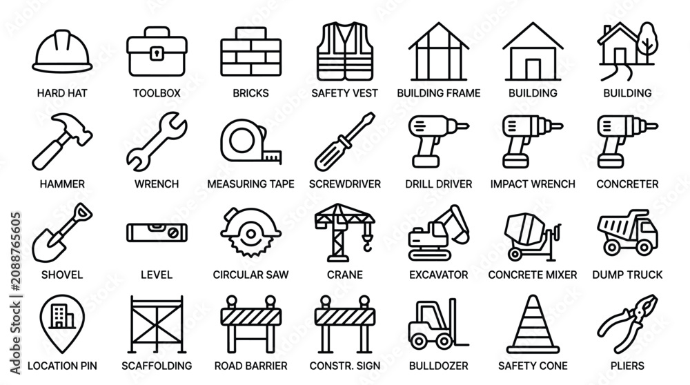 Fototapeta premium Construction and building industry icons for architecture safety tools equipment and heavy machinery flat design vector.
