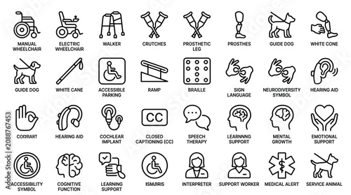 Disability and accessibility icons: wheelchair, crutches, prosthetic leg, guide dog, white cane, ramp, braille, sign language, hearing aid and speech therapy.