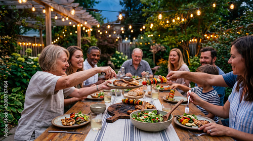 Joyous multi-generational family and friends gather for festive outdoor summer backyard barbecue dinner under string lights, sharing grilled food, healthy salads, and drinks.