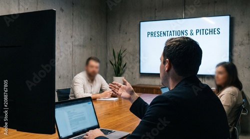 Business meeting in modern concrete office, team discussing presentation on screen, laptops on table, professional corporate atmosphere.
