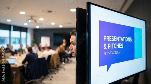 Corporate meeting room with presentation screen showing key strategies, team discussion in progress, modern office lighting, professional atmosphere.