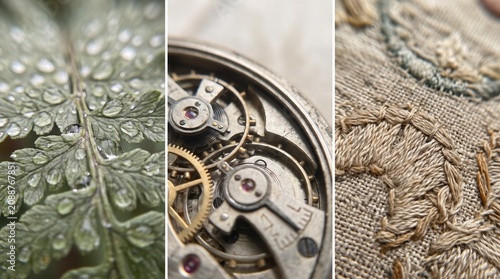 Triptych macro collage of leaf with dew, watch gears, and embroidered fabric, natural textures, detailed craftsmanship, soft lighting.