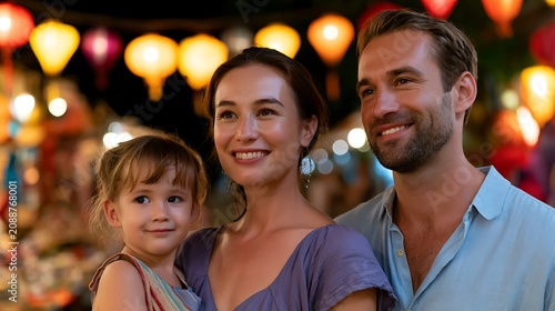 Family Enjoying Evening at Colorful Festival with Lanterns and Vibrant Atmosphere