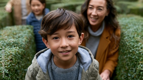 Happy child exploring a maze with family in a green park during a sunny day